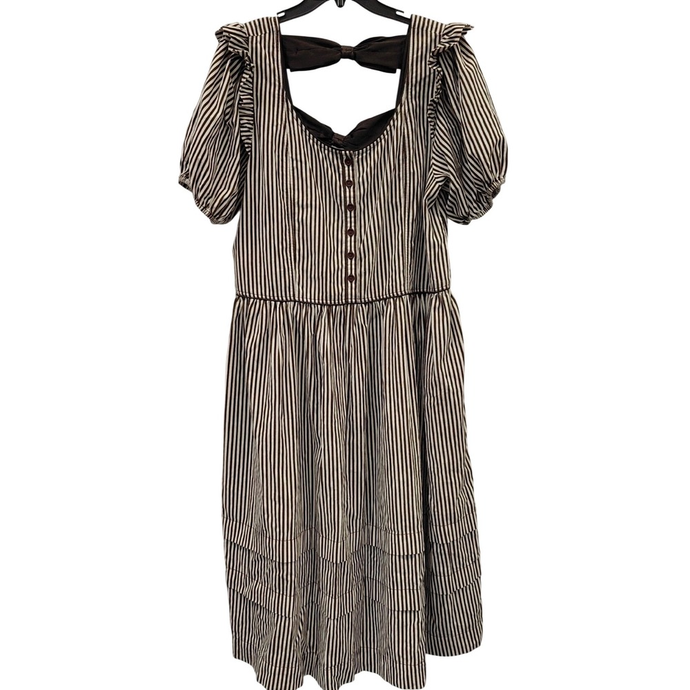 Free People Collier Cord Midi Dress Striped Drop Waist Puff Sleeve Bow Back - Picture 6 of 9